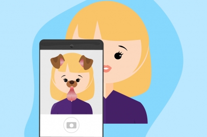 cartoon woman using snapchat with dog filter