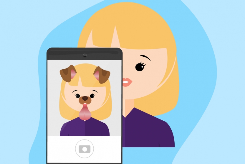 cartoon woman using snapchat with dog filter