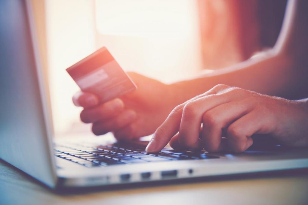 closeup of a person using a laptop and hand holding a credit card