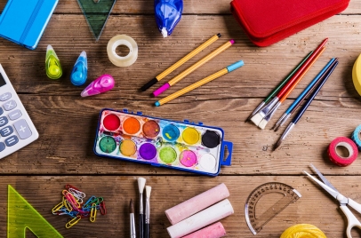 various art supplies on a desk