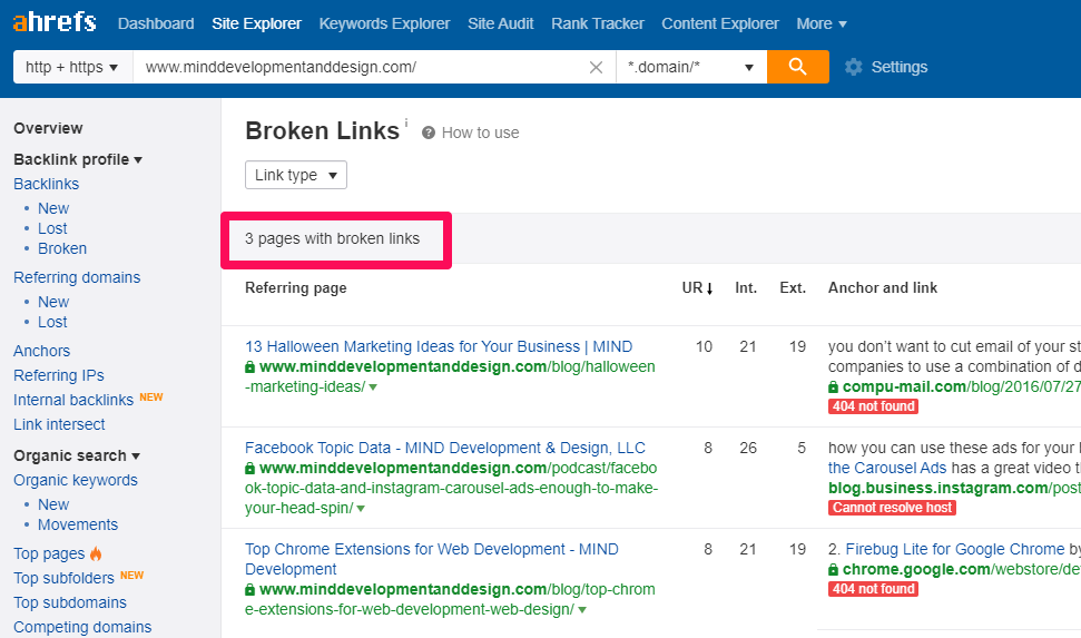 ahrefs pages with broken links