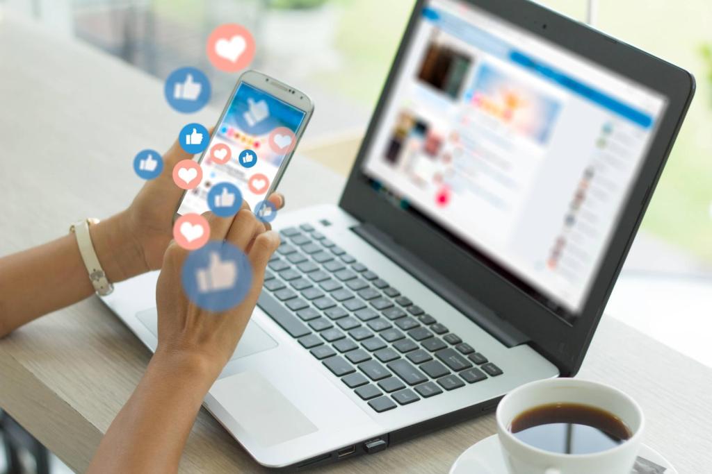 woman using a phone and a laptop for social media