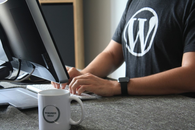 person wearing a wordpress t-shirt and using a computer