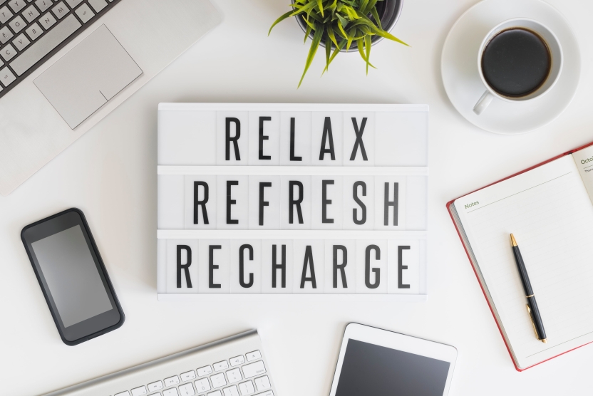 sign that says relax, refresh, recharge