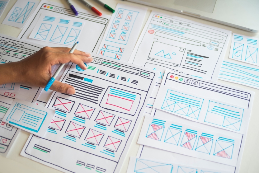 website design concept - papers depicting website layouts on a desk