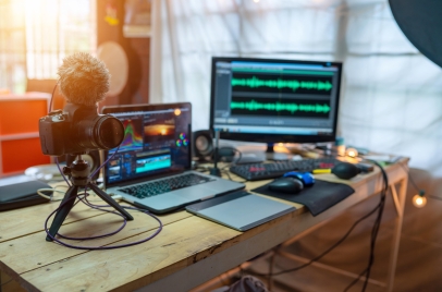 camera, microphone, and laptop on a desk for video creation