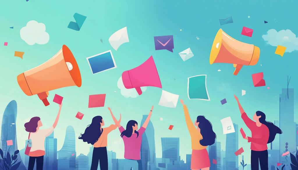 cartoon people holding megaphones with paper floating around them