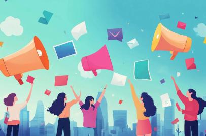 cartoon people holding megaphones with paper floating around them