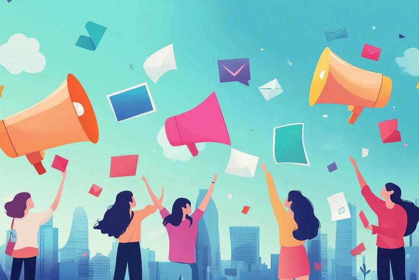 cartoon people holding megaphones with paper floating around them