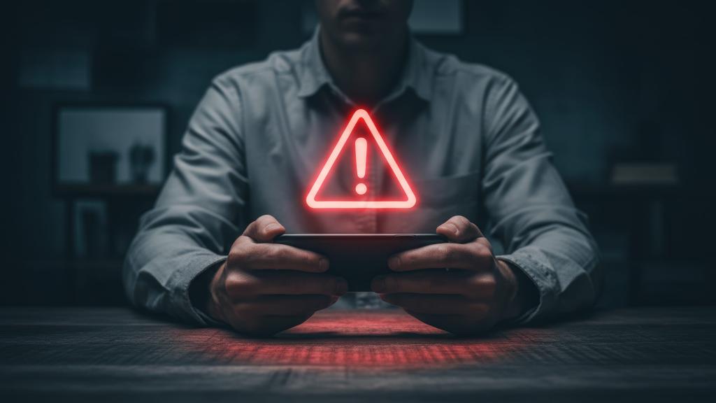man holding tablet with an alert sign above it