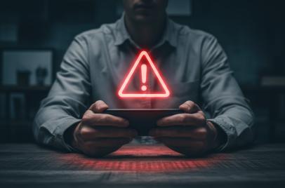 man holding tablet with an alert sign above it