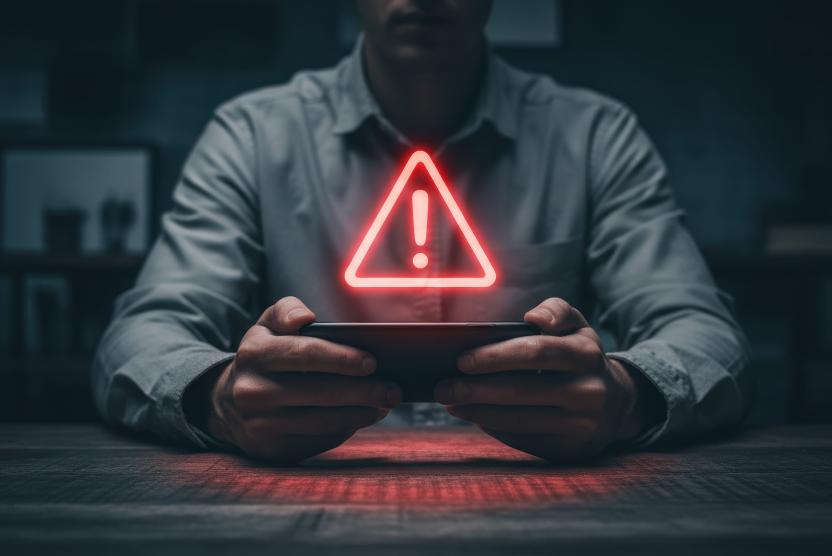 man holding tablet with an alert sign above it