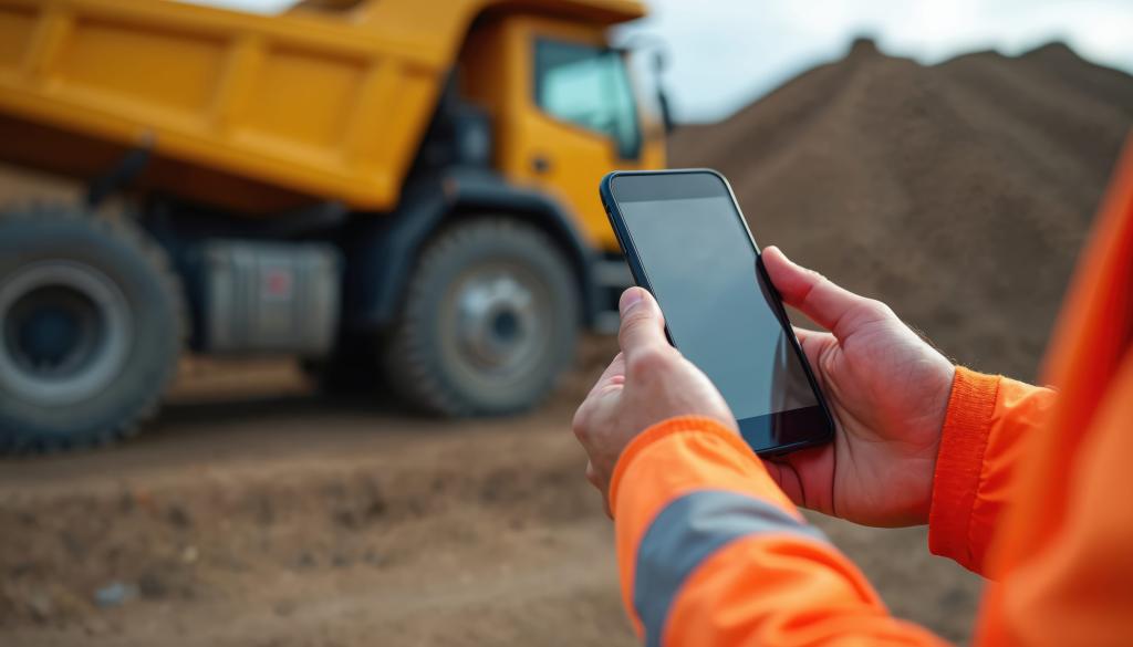 man holding a mobile phone at a construction site