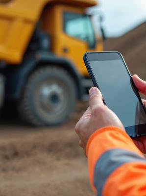 man holding a mobile phone at a construction site