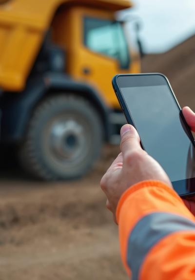 man holding a mobile phone at a construction site